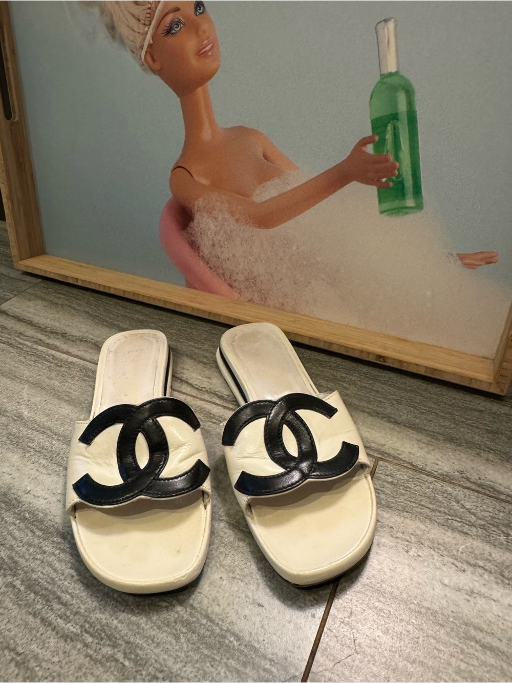 Women's White Slide Sandals with Black Logo Accent